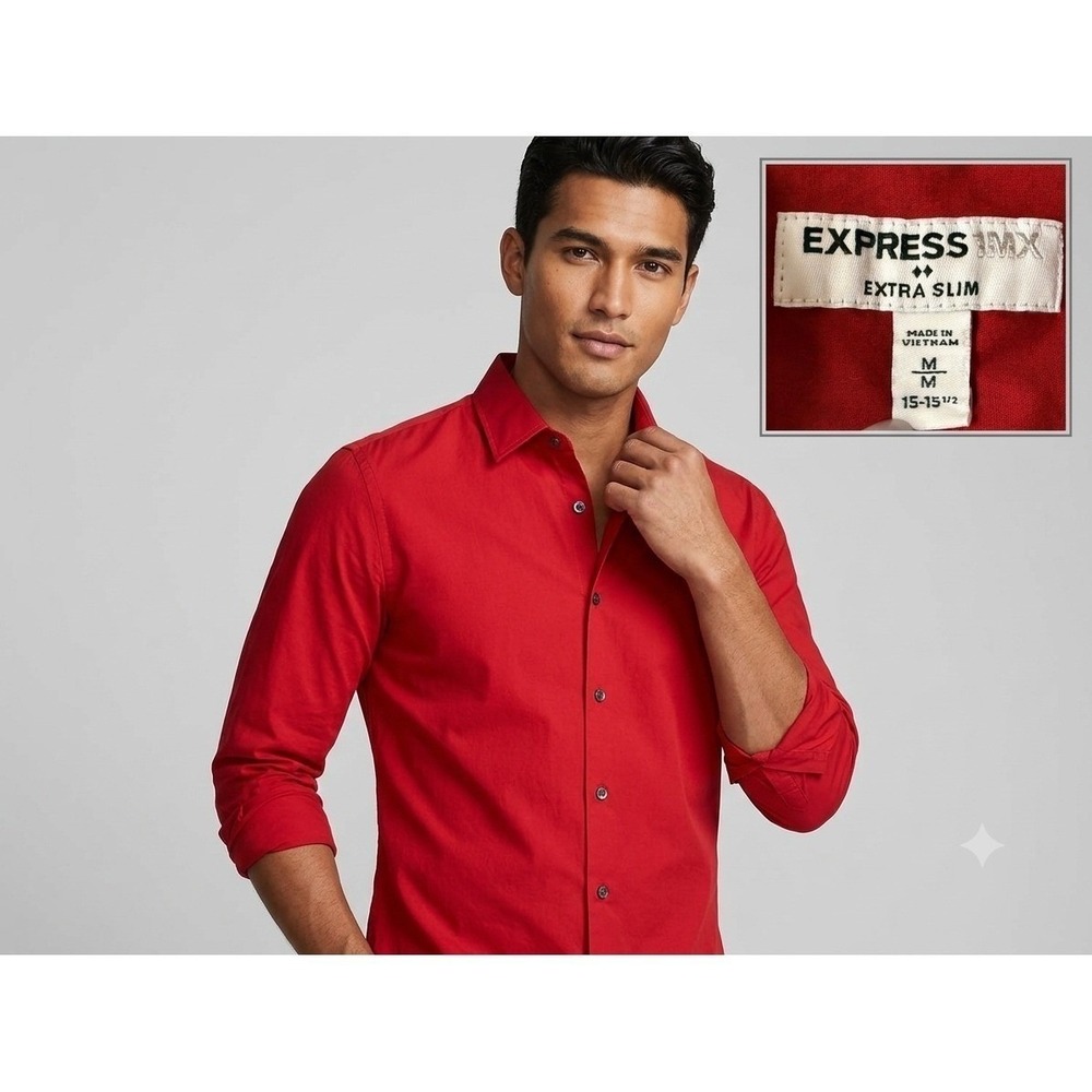 Express MX Mens Extra Slim Fit Red‎ Button Down Shirt Medium 15-15.5 Long Sleeve